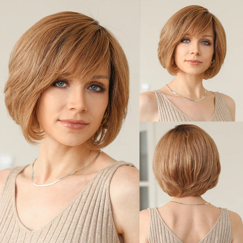 Short Straight Blonde Brown Lace Front Human Hair Wigs with Bangs for Women 100% Remy Human Hairs Bob Natural Wavy Layered Wigs