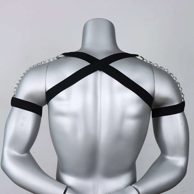Black Punk Style Adjustable Tightness PU Metal Chain Half Harness Belt Men Top Chest Suspender for Cosplay - Visuel 5 | SAMAG