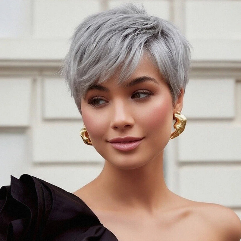 Short Gray Human Hair Wigs for Women with Bangs Layered Pixie Cut Wig Straight Hair with Machine Made Wig Bazilian Remy Hair