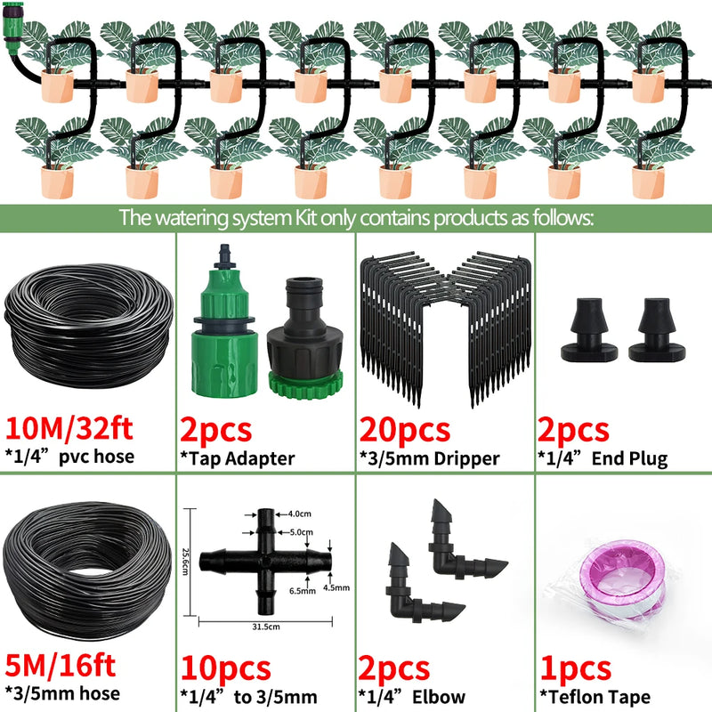 Greenhouse Drip Irrigation Kit Automatic Watering System Garden 4-Way 4/7mm to 3/5mm Hose Dripper for Pot Plant Vegetable Bonsai