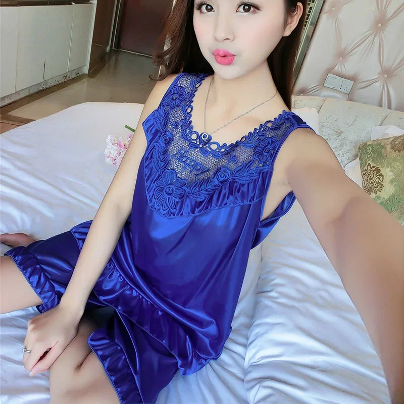 YINSILAIBEI Embroidery Ice Silk Satin Pajamas for Women Sexy Pajamas Set with Shorts Plus Size Satin Sleepwear Female