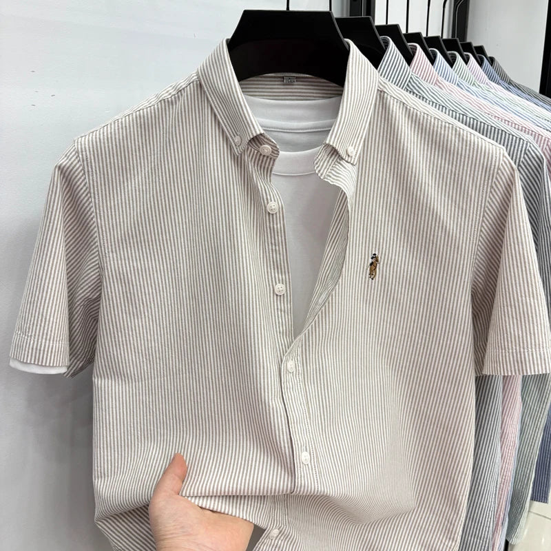 High End Brand Embroidered Striped Shirt Men's Short | SAMAG