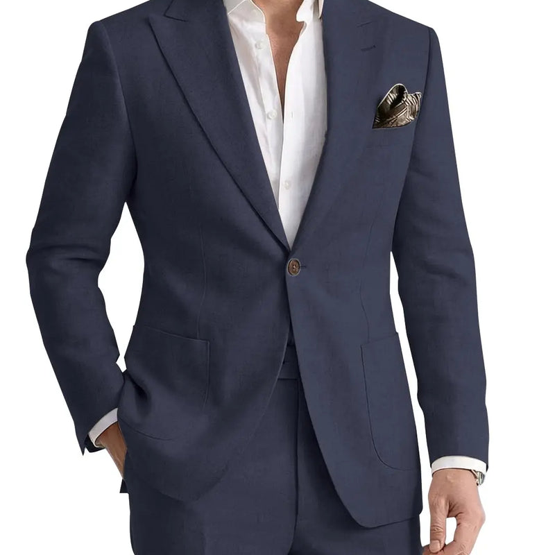 Men's 2 Pieces Linen Suits Casual Lightweight Summer Beach Groom Wedding Suit Linen Blazer Pants Set