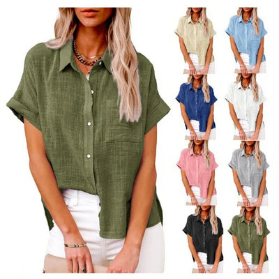 Casual Solid Short Sleeve Cotton Linen Loose Blouse | SAMAG