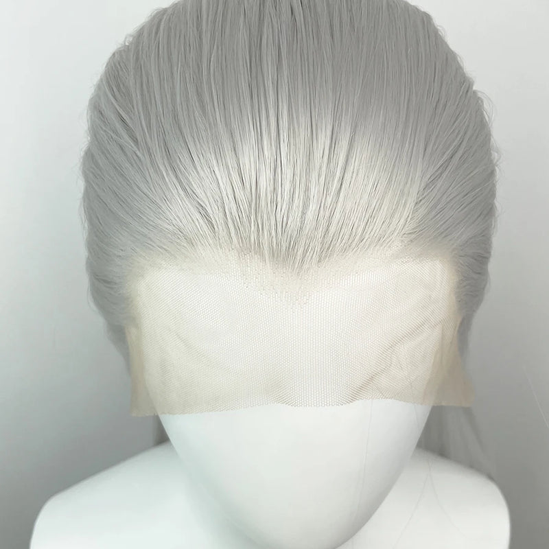 Widow‘s Peak Silver Grey 13x4 Synthetic Lace Front Wigs for Women Elf Cosplay 26 Inch Long Straight Glueless Wigs Free Part