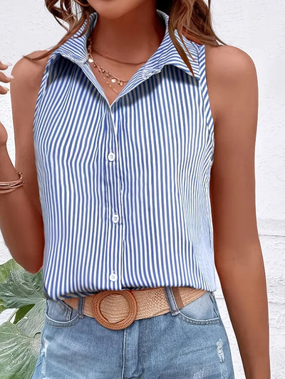 Plus Size Casual Women Blue Striped Sleeveless Shirt | SAMAG