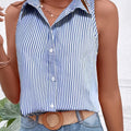Plus Size Casual Women Blue Striped Sleeveless Shirt | SAMAG