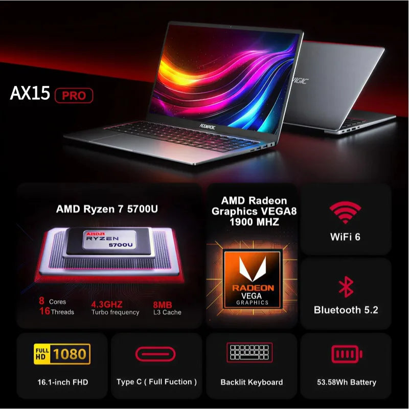 ACEMAGIC 15.6" FHD IPS Display Laptop AMD Ryzen 7 5700U Gaming Business Laptop, 16GB DDR4 512GB SSD Backlit Keyboard Windows 11