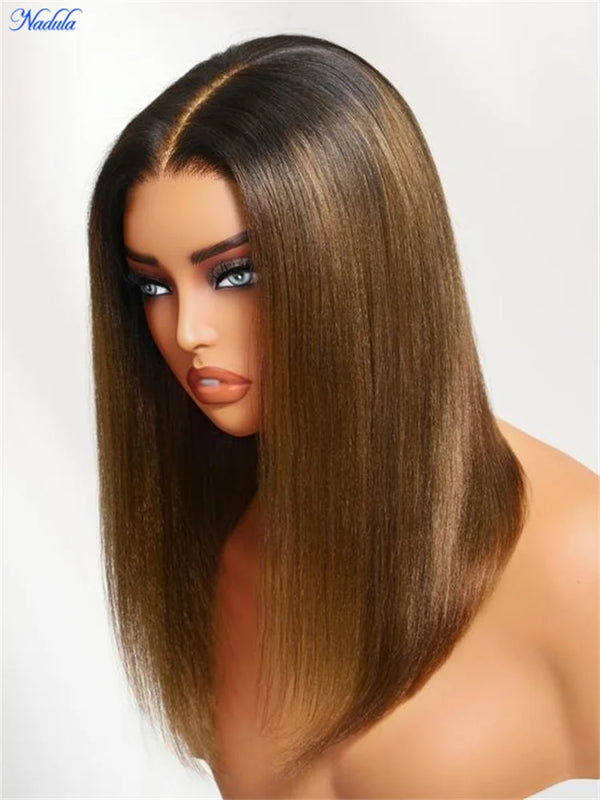 Nadula 13x4 7X5 Chestnut Brown BOB Wig Yaki Straight Pre-Bleached Knots Pre Cut HD Transparent Lace Human Hair Wig Ready to Wear
