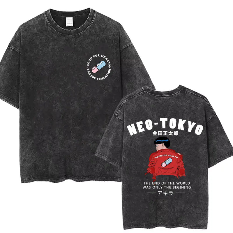 Washed Retro Japanese Anime Akira Print 100%Cotton Men Woment T-shirt Summer Autumn Daily Sports Party Casual Loose Short Sleeve