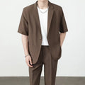 Summer Thin Ice Silk Drapey Suit Set Men's Short Sleeve Jacket Lightweight Casual Single-Breasted Suit Standard Fit Youth Trend