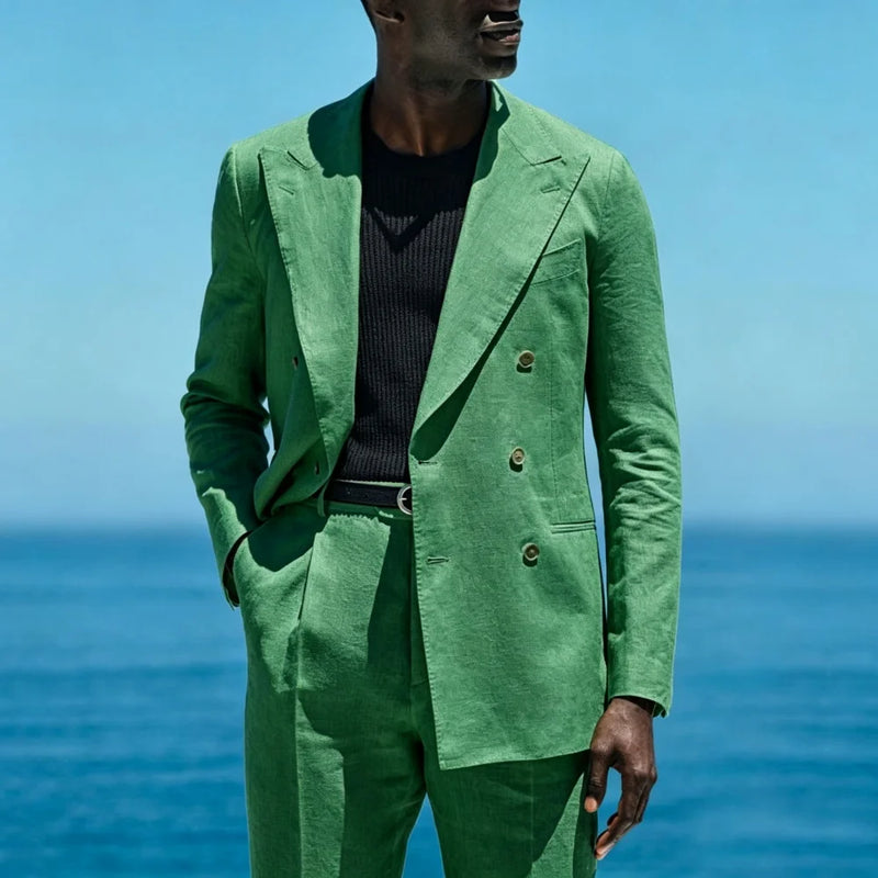 Summer Linen Double Breasted Men Suit Set Separates 2 Pieces Custom Jacket with Pants for Beach Wedding Groom Tuxedo 2026