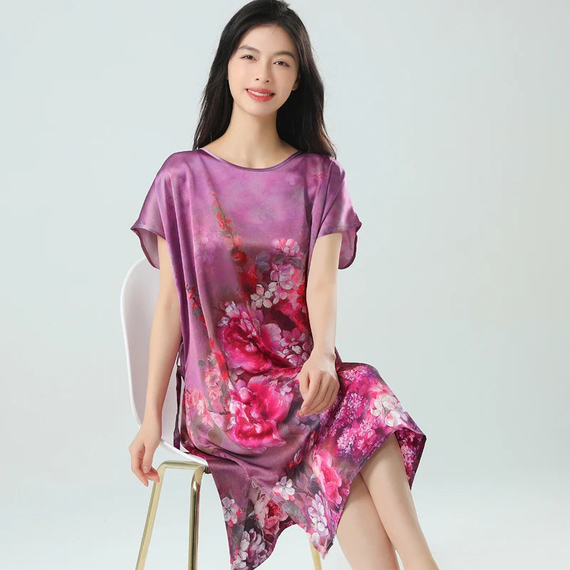 19MM 100% Mulberry  Silk Dress Pajamas Sleeping Home Dress Nightwear Women's Loose Plus Size  Short Sleeve Summer  40-80kg