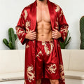 Men's Ice Silk Sleepwear Kimono Bathrobe Gown Long Robe Pajamas Two Piece Set Print Tiger Loose Casual Homewear Lounge Wear