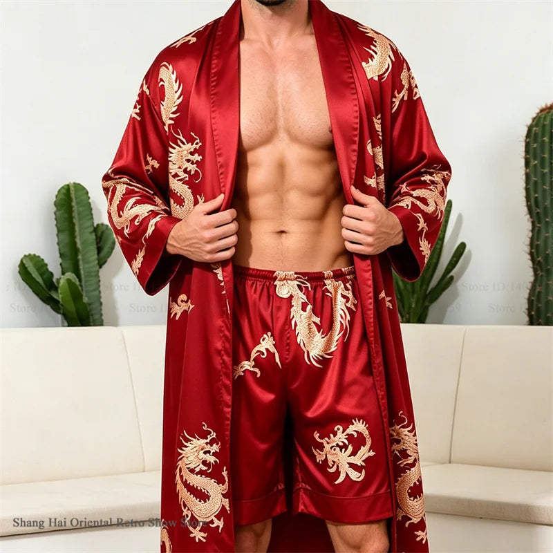 Men's Ice Silk Sleepwear Kimono Bathrobe Gown Long Robe Pajamas Two Piece Set Print Tiger Loose Casual Homewear Lounge Wear
