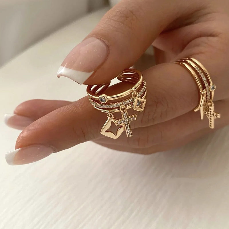 2025 Nwe Stainless Steel 18 K Gold Plated Sun Rings for Women Natural Stone Inlaid in Hollow Metal Texture Ring Trendy Jewelry