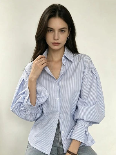 Women Blue Striped Blouses and Shirts Korean Style Y2k | SAMAG