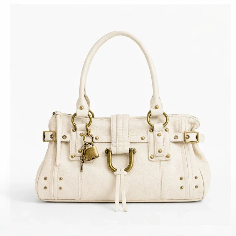 Vintage Rivet Large Capacity Commuter Tote Bag Underarm Shoulder Handbag Luxurious Studded Buckle Design Street Style Hobo Purse