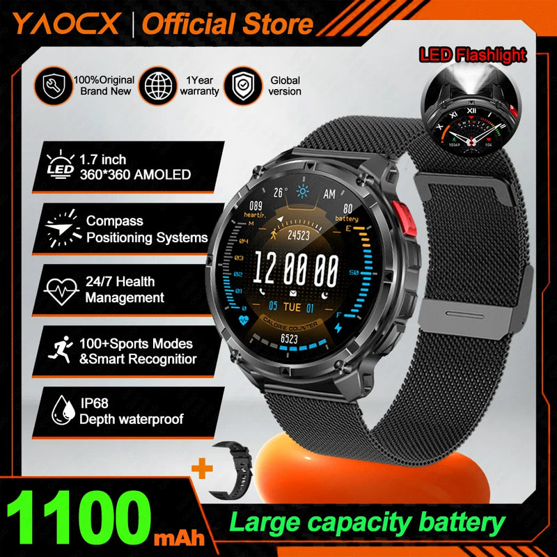 NEW 1100mAh Battery Sports Smart Watch Compass IP68 Waterproof Outdoor Flashlight Voice Assistant Heart Rate BT Call Smart Watch