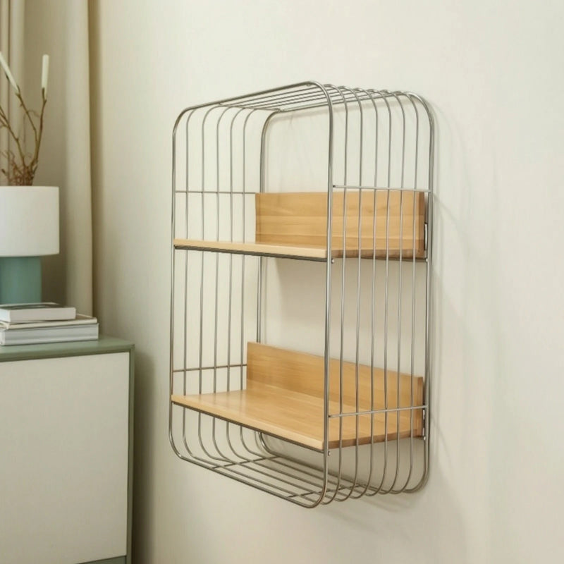 Wall - Mounted Storage Rack Two - Tier Shelf with Wooden Boards Open Stainless Steel Furniture Metal Frame - View 3 | SAMAG