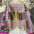 Multicolor Crochet Cardigan Women Sheer Openwork Patchwork Knit Open Front Sweater Jacket  Boho Beach Vacation Festival Outfit