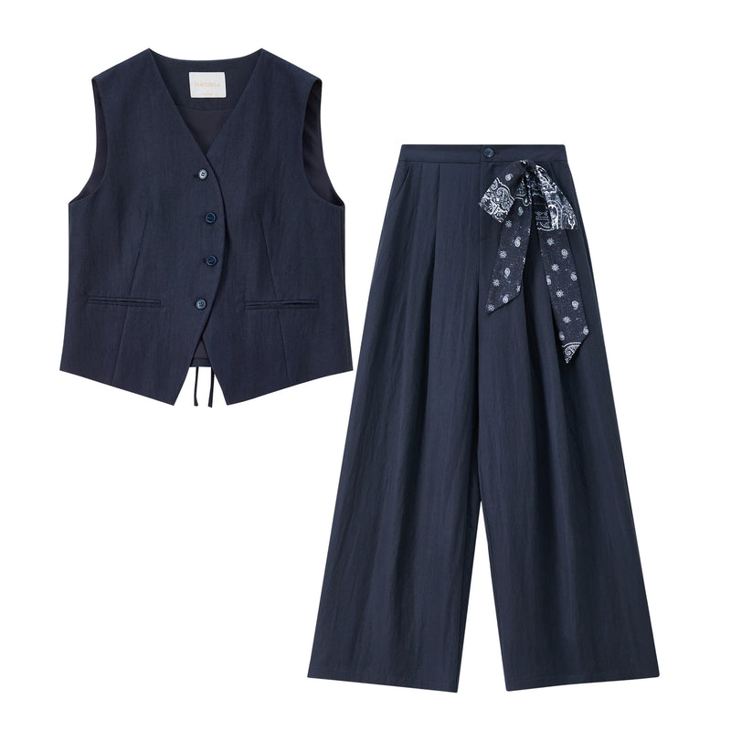 SENTUBILA Office 2 Piece Pant Set 2026 Women Linen Blend Summer Suit V Neck Waistcoat Wide Leg Baggy Pant Print Scarf 162ZA5663Z