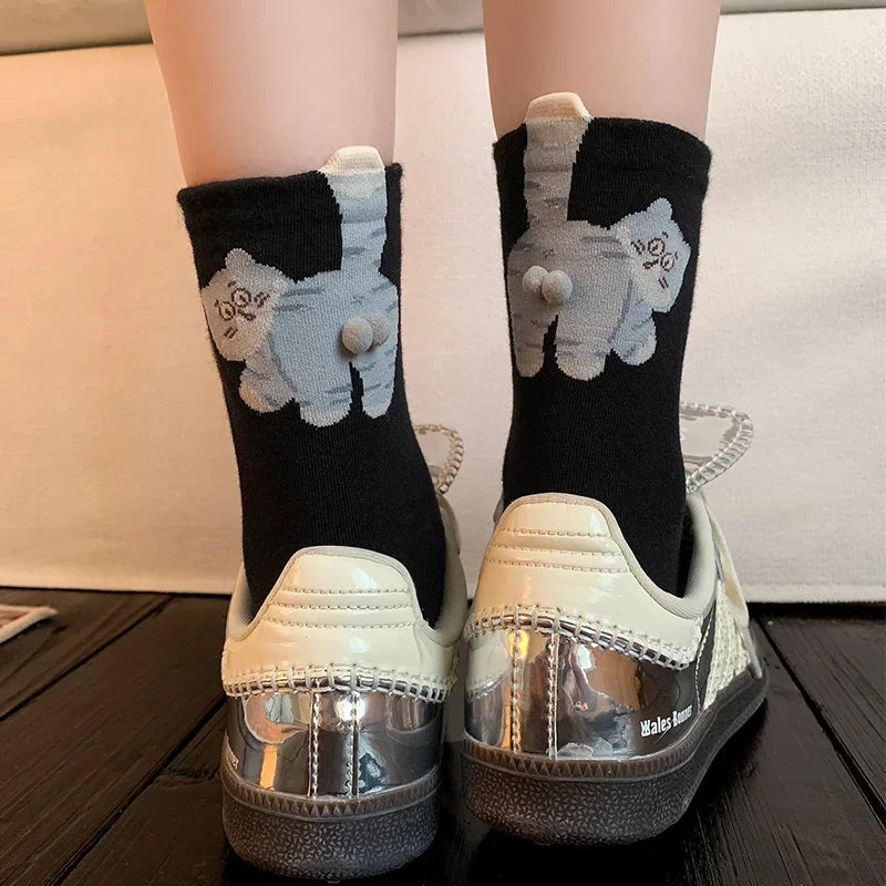 Cat Printed Three Dimensional Mid Tube Socks Sweat Absorbing Breathable Soft Casual Couples Socks for Men Women