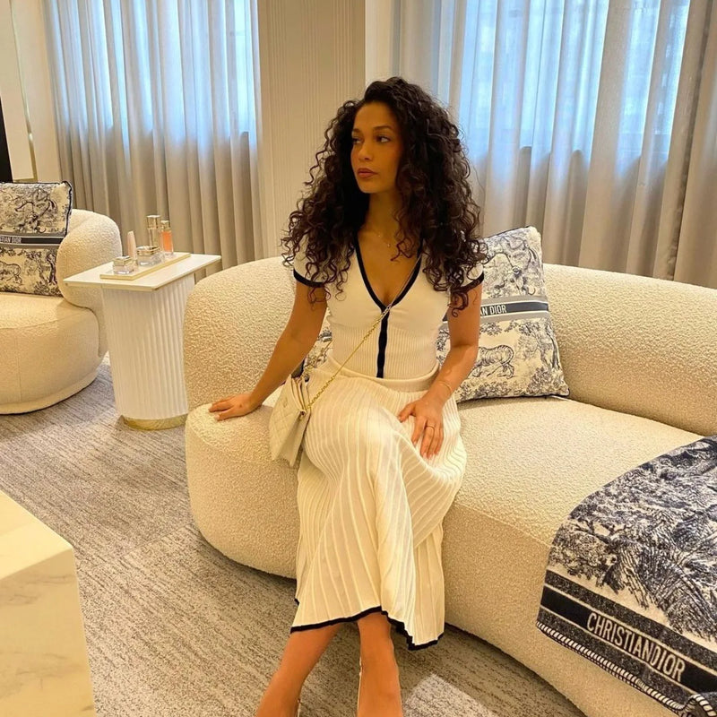 2024 Summer Women White long Skirt Suit Short Sleeve V-neck crop top pleated set elegant dress 2 piece skirt set Plus Size S-3XL