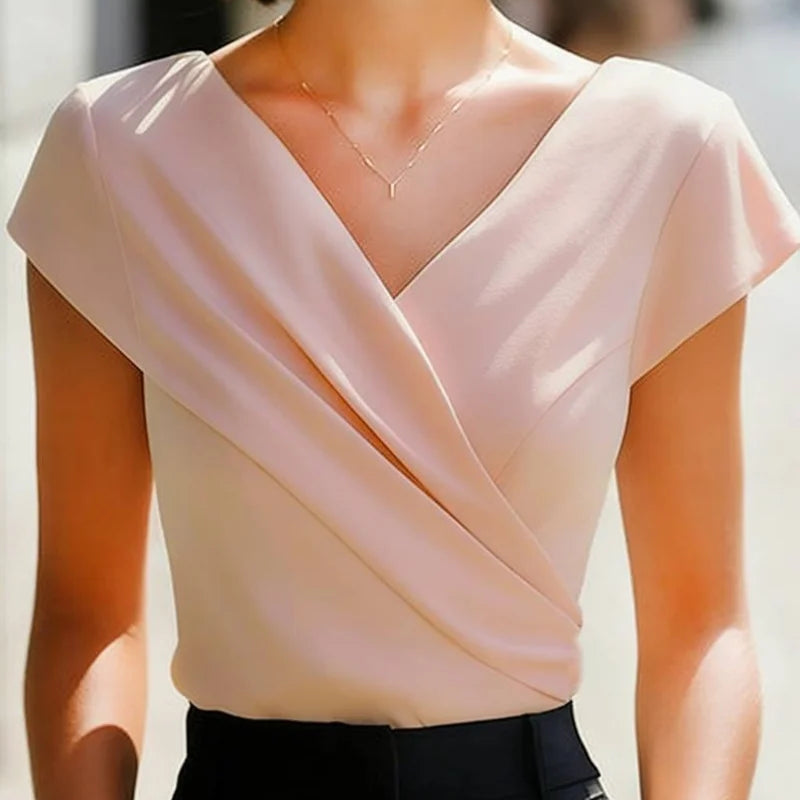 Women Elegant V Neck Cross Wrap Blouse Short Sleeve - View 3 | SAMAG