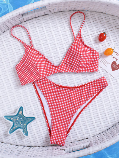 Sexy red plaid print bikinis sets two pieces micro | SAMAG