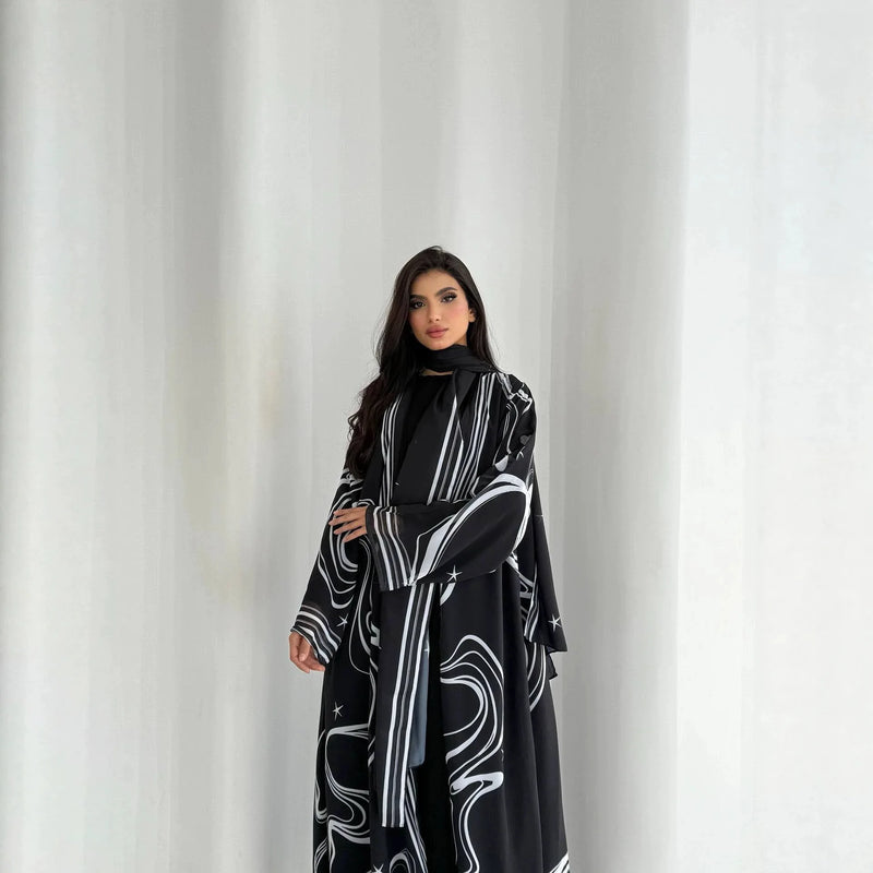 Eid Women Abaya Print Headscarf Cardigan Dress Muslim | SAMAG