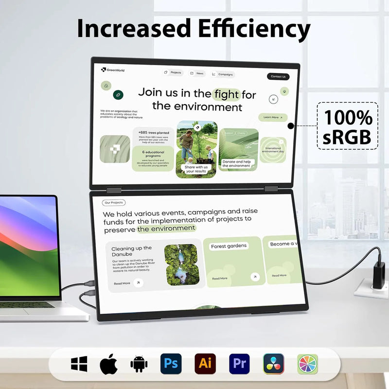 18.5 Inch Dual IPS Portable Monitor 100Hz 1080P FHD 100%sRGB Foldable Dual Extension Screen for Stock Trading Conference Travel