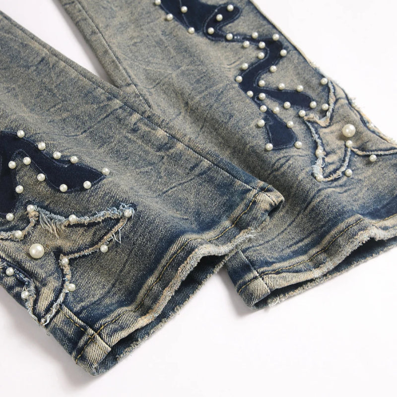 Men's Pearl Boot Cut Denim Jeans Embroidery Patch Slim | SAMAG