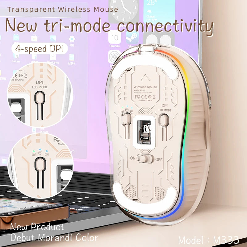 Rechargeable Wireless Mouse Bluetooth Three-Mode Transparent Luminous Ergonomic Silent Magnetic Doll Mouse for Office Laptop