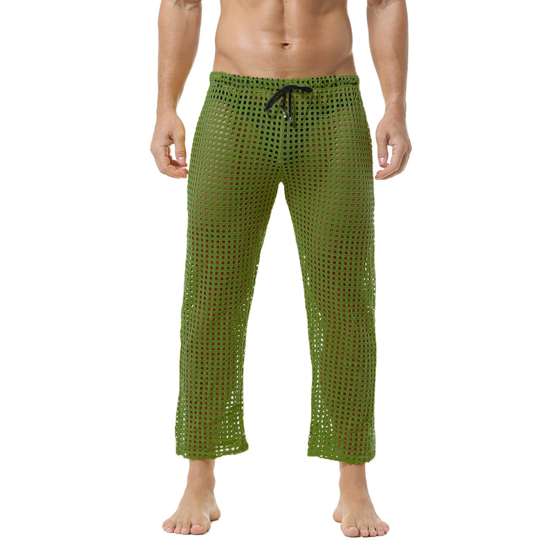 Men's Fishnet Hollow Out Robes Classic Lounge Pants Sexy Sleepwear Mens Robe Sets Daily Home Sleeveless Bathrobes Hooded Pajamas