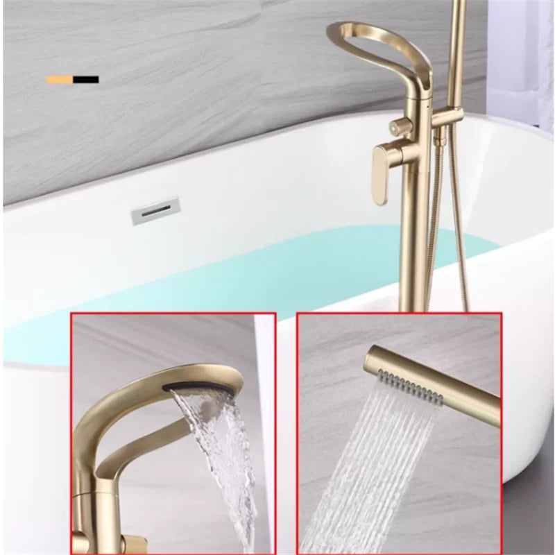 Tuqiu Brushed Gold Bathroom Bathtub Faucet + Handheld Shower Free Standing Luxury Waterfll BathTub Mixer Taps Floor Mounted