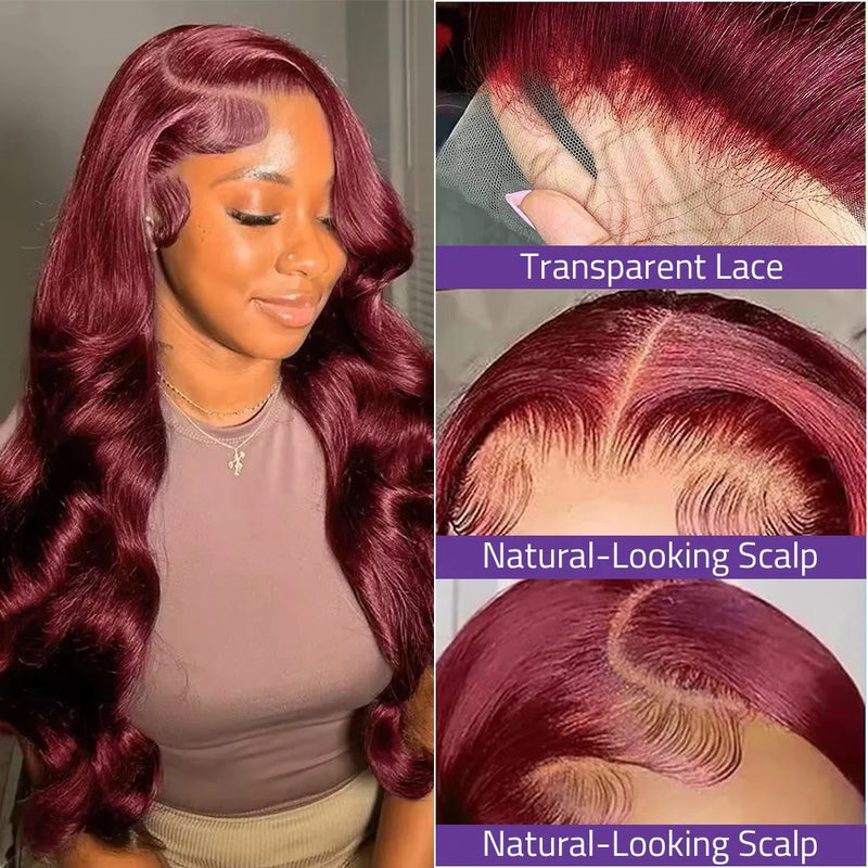 99J Burgundy Red Colored Body Wave Pre Plucked Brazilian Human Hair Lace Front Wig 40‑46 Inch 200% Density 13x4 13x6 HD Transparent Lace Frontal Wigs For Black Women