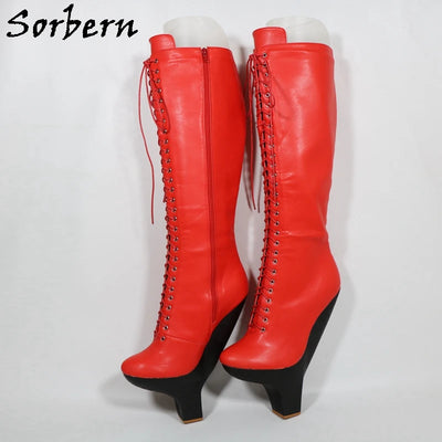 Sorbern Red Matte Hard Shaft Boots For Women Small Heels | SAMAG