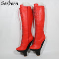 Sorbern Red Matte Hard Shaft Boots For Women Small Heels Knee Hjigh Lace Up Fetish Cosplay Boots Custom Colors