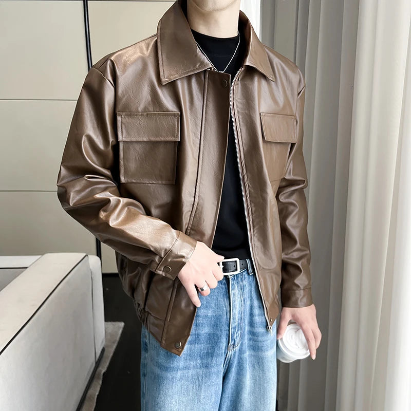 High-quality men's PU leather solid color windproof, waterproof jacket, daily fashion casual outerwear,  zipper leather jacket.