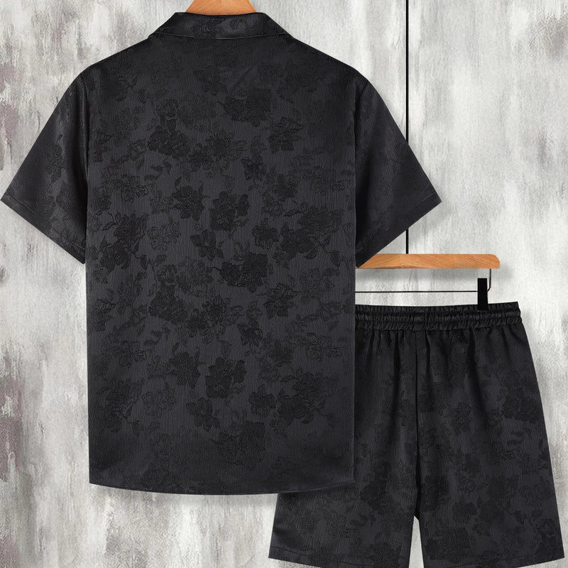 Men's Jacquard Floral Set Cuban Collar Shirt & Shorts | SAMAG