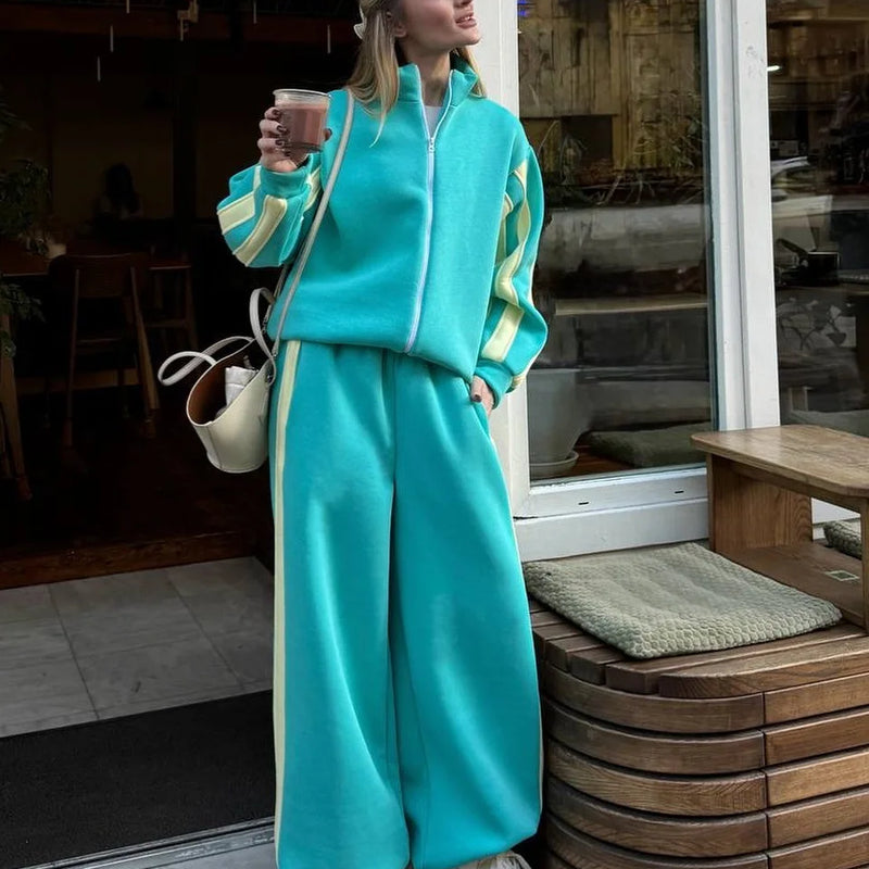 Women's Fashion Cotton Sport Tracksuit With Casual Pant Stripes Zipper Hoodies Cardigan High Waist Trouser 2 Piece Autumn Outfit