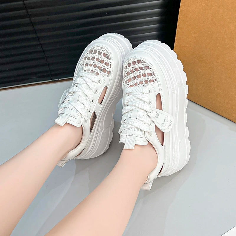 Women White Platform Sneakers Hollow Mesh Lace Up Height Increasing Casual Shoes Soft Thick Sole Daily Walking Sports Footwear