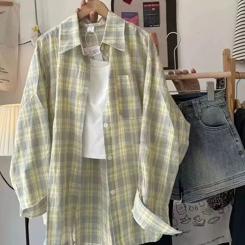 Harajuku Oversize Loose Plaid Shirts Female Lazy Style Long Sleeve Out Wear Casual Blouses Vintage All-match Students Shirt