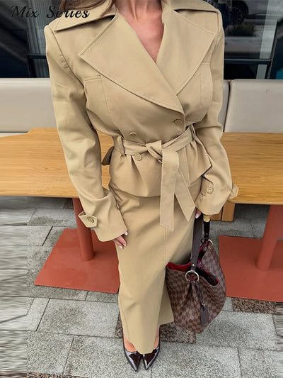 Elegant Solid Trench Skirt Set Women Lapel Double | SAMAG