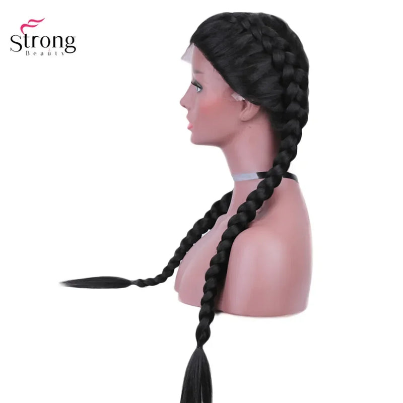 StrongBeauty Two French Braid Hairstyles Lace Front Wigs for women Synthetic lace Wig Long Black