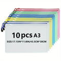 10pcs A3 Mixed Color, Student Supplies, Plastic, Folder Bag, Zip Folder, Mesh Zip Bag, Suitable For School Office Supplies