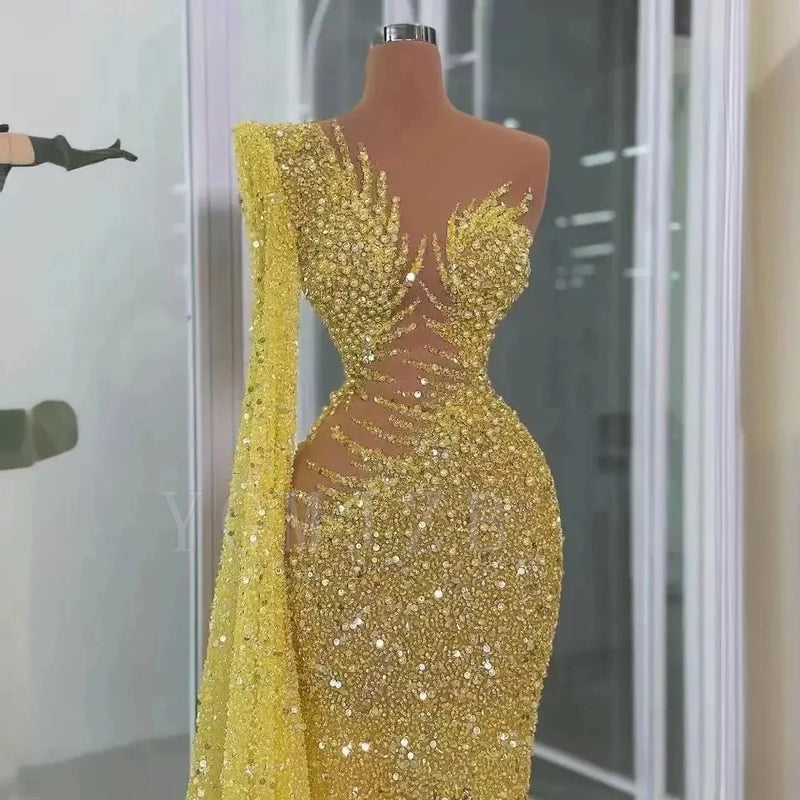 Yellow Long Dubai Evening Dresses Luxury Mermaid Beaded | SAMAG