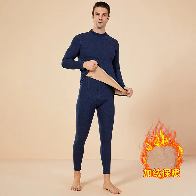 Men's Winter Set Half-high Collar First Layer 2 Pieces Tops + Pants Fleece Warm Elastic Thermal Thick Underwear Set