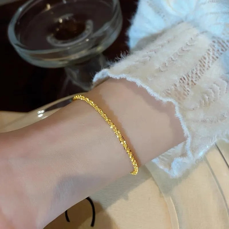 14 K Pure Gold Color Shiny Bracelet Chain for Women Bride Wedding Bracelet Bangle Fine Jewelry Gifts Not Fade